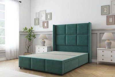 Sloomy Beaumont Emerald Plush Divan Bed Base No Drawers54" Wingback Headboard & 12" Footboard 4'6 Double from B&Q