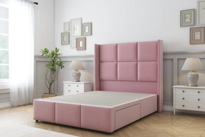 Sloomy Beaumont Pink Plush Divan Bed Base No Drawers54" Wingback Headboard & 12" Footboard 2'6 Small Single from B&Q