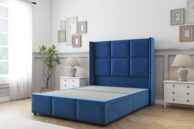 Sloomy Beaumont Navy Plush Divan Bed Base No Drawers54" Wingback Headboard & 12" Footboard 2'6 Small Single from B&Q