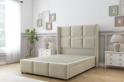 Sloomy Beaumont Cream Plush Divan Bed Base 2 Drawers Foot-End54" Wingback Headboard & 12" Footboard 5' King from B&Q