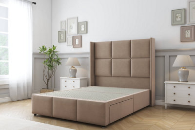 Sloomy Beaumont Mink Plush Divan Bed Base 2 Drawers Foot-End54" Wingback Headboard & 12" Footboard 5' King from B&Q