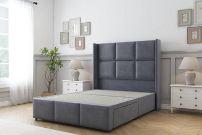 Sloomy Beaumont Steel Plush Divan Bed Base 2 Drawers Foot-End54" Wingback Headboard & 12" Footboard 4'6 Double from B&Q
