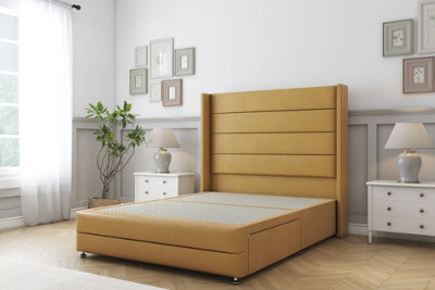 Sloomy Sterling Mustard Plush Divan Bed No Drawers54" Wingback Headboard & 12" Footboard 4'6 Double from B&Q