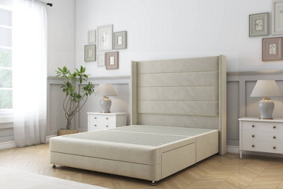 Sloomy Sterling Cream Plush Divan Bed 2 Drawers Foot-End54" Wingback Headboard & 12" Footboard 4'6 Double from B&Q