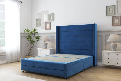 Sloomy Sterling Navy Plush Divan Bed 2 Drawers Foot-End54" Wingback Headboard & 12" Footboard 6' Super King from B&Q