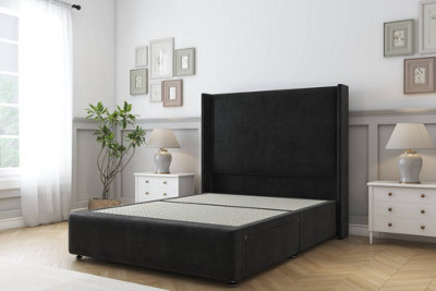 Sloomy Stratford Black Plush Divan Bed No Drawers With 54" Wingback Headboard & 12" Footboard 4'6 Double from B&Q