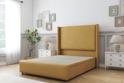 Sloomy Stratford Mustard Plush Divan Bed No Drawers With 54" Wingback Headboard & 12" Footboard 3' Single from B&Q