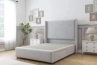 Sloomy Stratford Silver Plush Divan Bed No Drawers With 54" Wingback Headboard & 12" Footboard 4'6 Double from B&Q