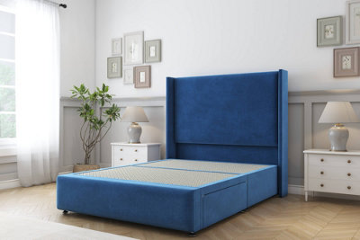 Sloomy Stratford Navy Plush Divan Bed No Drawers With 54" Wingback Headboard & 12" Footboard 2'6 Small Single from B&Q