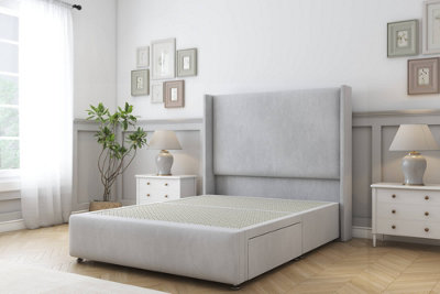 Sloomy Stratford Silver Naples Divan Bed No Drawers With 54" Wingback Headboard & 12" Footboard 4'6 Double from B&Q