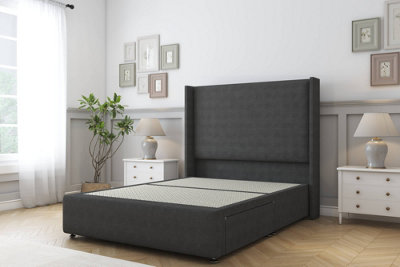 Sloomy Stratford Graphite Dumfries Divan Bed No Drawers With 54" Wingback Headboard & 12" Footboard 4'6 Double from B&Q