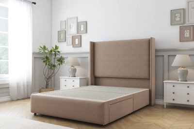 Sloomy Stratford Mink Plush Divan Bed 2 Drawers Foot-End With 54" Wingback Headboard & 12" Footboard 5' King from B&Q
