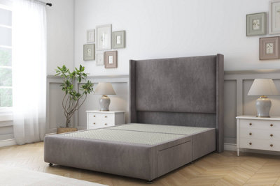 Sloomy Stratford Slate Naples Divan Bed 2 Drawers Foot-End With 54" Wingback Headboard & 12" Footboard 5' King from B&Q