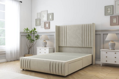 Sloomy Camden Cream Plush Divan Bed Base No Drawers-54" Wingback Headboard12"-Footboard 3' Single from B&Q