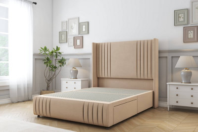 Sloomy Camden Pebble Plush Divan Bed Base No Drawers-54" Wingback Headboard12"-Footboard 4'6 Double from B&Q