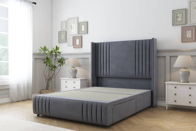 Sloomy Camden Steel Plush Divan Bed Base No Drawers-54" Wingback Headboard12"-Footboard 6' Super King from B&Q