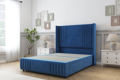 Sloomy Camden Navy Plush Divan Bed Base No Drawers-54" Wingback Headboard12"-Footboard 4'6 Double from B&Q