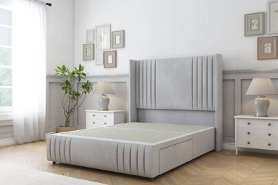Sloomy Camden Silver Naples Divan Bed Base No Drawers-54" Wingback Headboard12"-Footboard 4'6 Double from B&Q