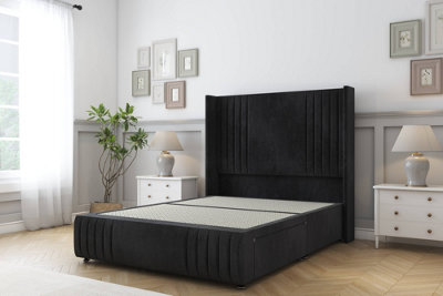 Sloomy Camden Black Naples Divan Bed Base No Drawers-54" Wingback Headboard12"-Footboard 2'6 Small Single from B&Q