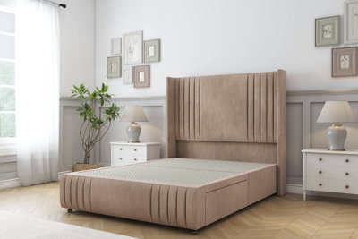 Sloomy Camden Mink Naples Divan Bed Base No Drawers-54" Wingback Headboard12"-Footboard 4'6 Double from B&Q