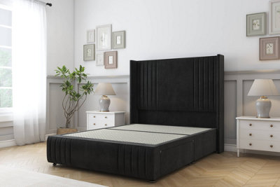 Sloomy Camden Black Plush Divan Bed Base 2 Drawers Foot-End-54" Wingback Headboard12"-Footboard 4'6 Double from B&Q