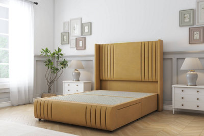 Sloomy Camden Mustard Plush Divan Bed Base 2 Drawers Foot-End-54" Wingback Headboard12"-Footboard 4'6 Double from B&Q