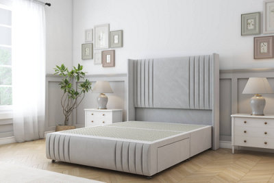 Sloomy Camden Silver Plush Divan Bed Base 2 Drawers Foot-End-54" Wingback Headboard12"-Footboard 6' Super King from B&Q