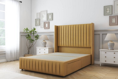 Sloomy Marlborough Mustard Plush Divan Bed Base No Drawers-54" Wingback Headboard & 12" Footboard 2'6 Small Single from B&Q