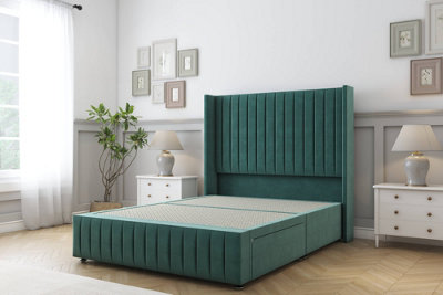 Sloomy Marlborough Emerald Plush Divan Bed Base No Drawers-54" Wingback Headboard & 12" Footboard 6' Super King from B&Q