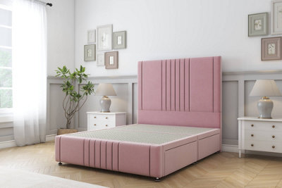 Sloomy Harrington Pink Plush Divan Bed 2 Drawers Left Side-26" Strutted Headboard 12" Footboard 5' King from B&Q