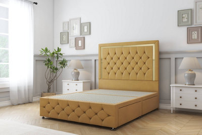Sloomy Sofia Gold Mustard Plush Divan Bed No Drawers-26" Strutted Headboard 12" Footboard 3' Single from B&Q