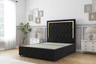 Sloomy Sofia Gold Black Plush Divan Bed 2 Drawers Left Side-26" Strutted Headboard 12" Footboard 4'6 Double from B&Q