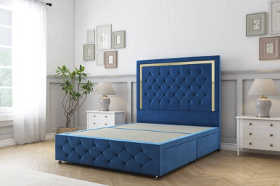 Sloomy Sofia Gold Navy Plush Divan Bed 4 Drawers-54" Floor Standing Headboard 12" Footboard 4'6 Double from B&Q