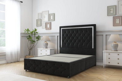 Sloomy Sofia Chrome Black Plush Divan Bed No Drawers-26" Strutted Headboard 12" Footboard 2'6 Small Single from B&Q
