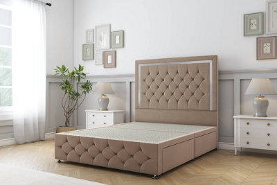 Sloomy Sofia Chrome Mink Plush Divan Bed No Drawers-54" Floor Standing Headboard 12" Footboard 4'6 Double from B&Q