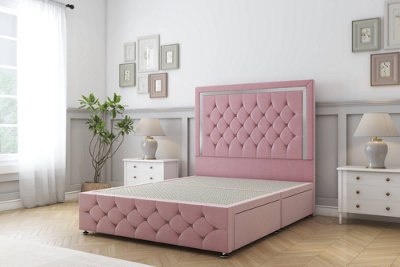 Sloomy Sofia Chrome Pink Plush Divan Bed No Drawers-54" Floor Standing Headboard 12" Footboard 4'6 Double from B&Q