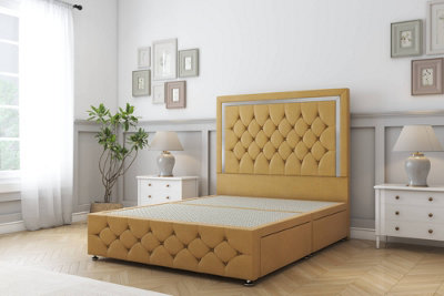 Sloomy Sofia Chrome Mustard Plush Divan Bed 2 Drawers Left Side-54" Floor Standing Headboard 12" Footboard 2'6 Small Single from B&Q