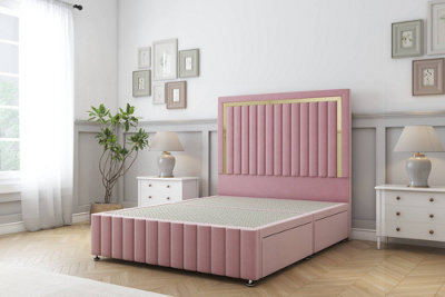 Sloomy Boston Gold Pink Plush Divan Bed 4 Drawers-26" Strutted Headboard 12" Footboard 6' Super King from B&Q
