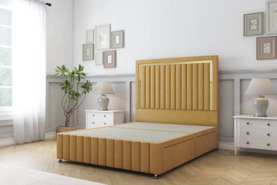 Sloomy Boston Gold Mustard Plush Divan Bed No Drawers-54" Floor Standing Headboard 12" Footboard 2'6 Small Single from B&Q