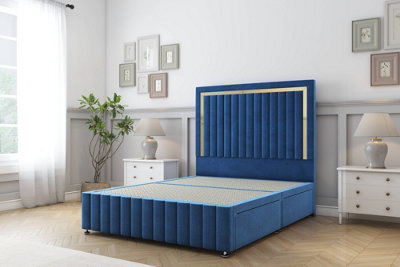 Sloomy Boston Gold Navy Plush Divan Bed No Drawers-54" Floor Standing Headboard 12" Footboard 3' Single from B&Q