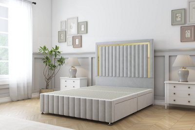 Sloomy Boston Gold Silver Plush Divan Bed 2 Drawers Right Side-54" Floor Standing Headboard 12" Footboard 4'6 Double from B&Q