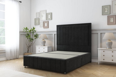 Sloomy Pemberton Black Plush Divan Bed No Drawers-26" Strutted Headboard 12" Footboard 4'6 Double from B&Q
