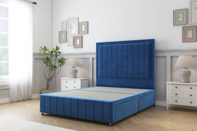 Sloomy Pemberton Navy Plush Divan Bed No Drawers-54" Floor Standing Headboard 12" Footboard 6' Super King from B&Q