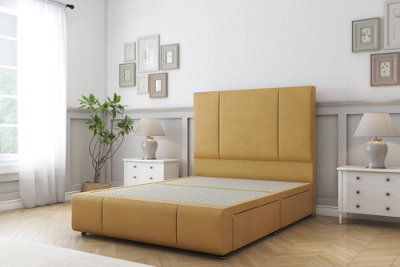 Sloomy Lisbon Mustard Plush Divan Bed No Drawers-26" Strutted Headboard 12" Footboard 5' King from B&Q