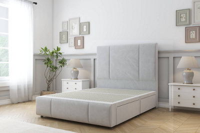 Sloomy Lisbon Silver Plush Divan Bed No Drawers-54" Floor Standing Headboard 12" Footboard 5' King from B&Q