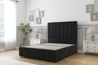 Sloomy Langston Black Plush Divan Bed No Drawers-26" Strutted Headboard 12" Footboard 5' King from B&Q