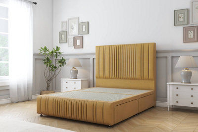 Sloomy Kingsley Mustard Plush Divan Bed No Drawers-54" Floor Standing Headboard 12"footboard 2'6 Small Single from B&Q