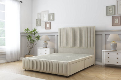 Sloomy Kingsley Cream Plush Divan Bed 2 Drawers Right Side-54" Floor Standing Headboard 12"footboard 2'6 Small Single from B&Q