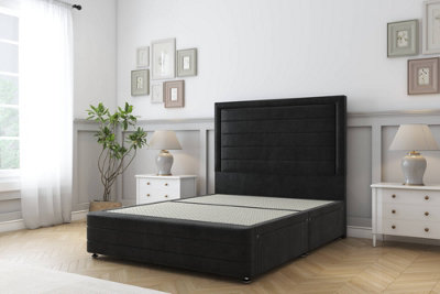 Sloomy Ashford Black Plush Divan Bed Base No Drawers-26" Strutted Headboard  12" Footboard 5' King from B&Q