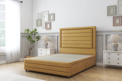 Sloomy Ashford Mustard Plush Divan Bed Base No Drawers-26" Strutted Headboard  12" Footboard 3' Single from B&Q